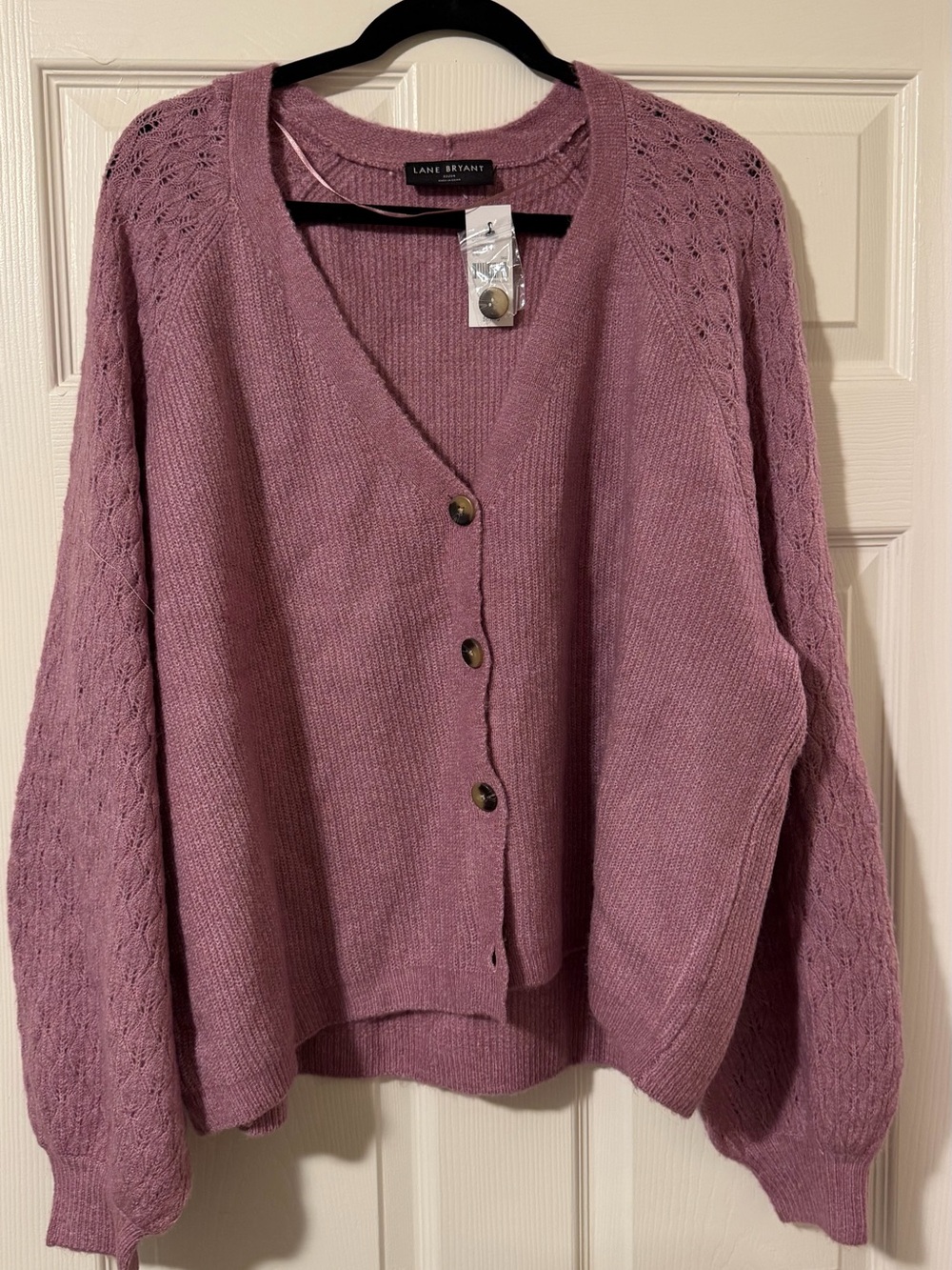 Lane Bryant Mauve Lace-Sleeve V-Neck Button Cardigan